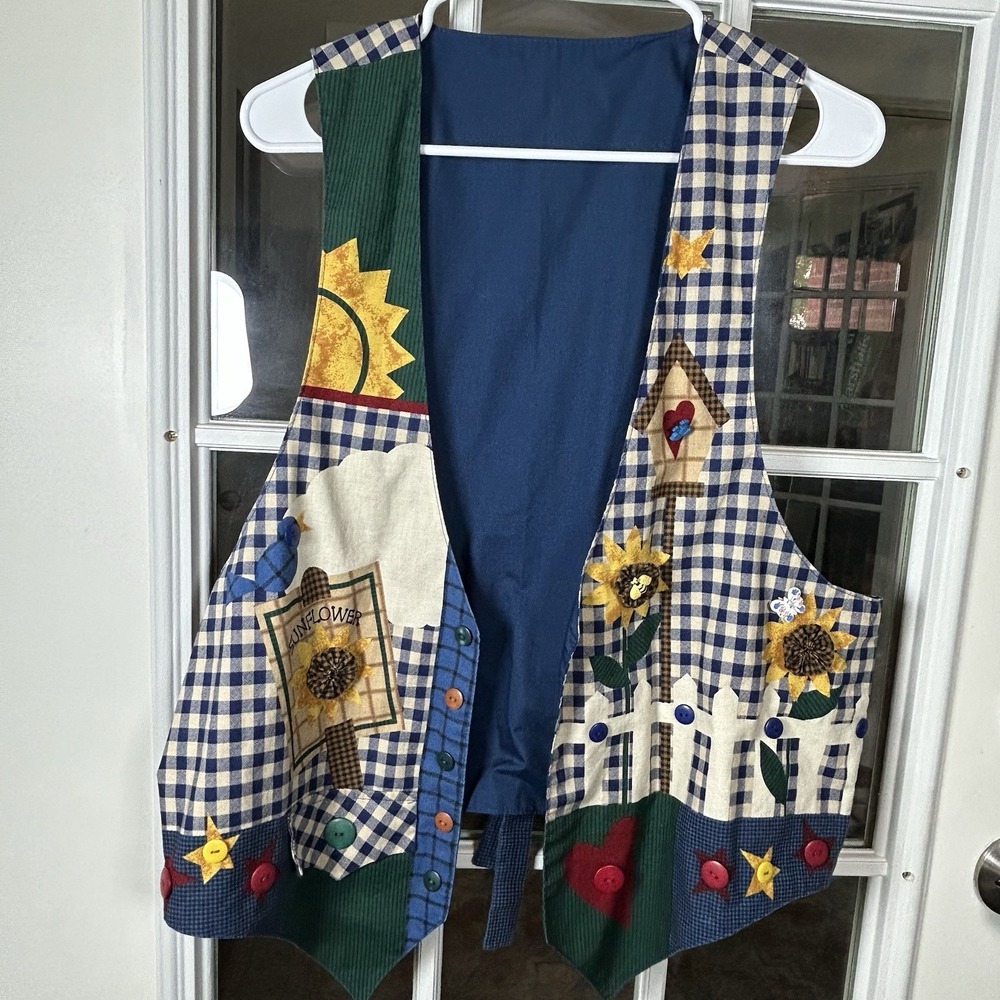 Handmade Blue Gingham Sunflower Appliqué Novelty Button Vest Cottagecore OS - Picture 5 of 15